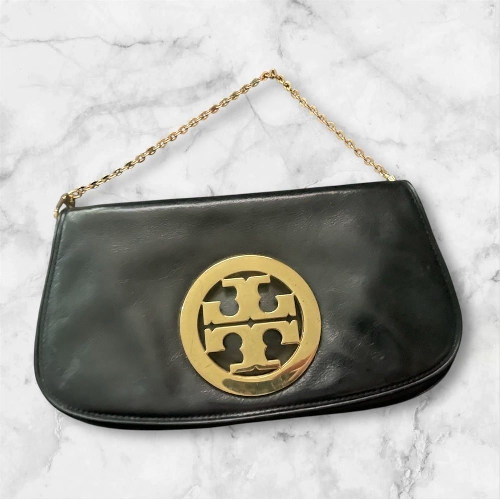 Tory Burch Black and Gold Clutch with Chain Strap